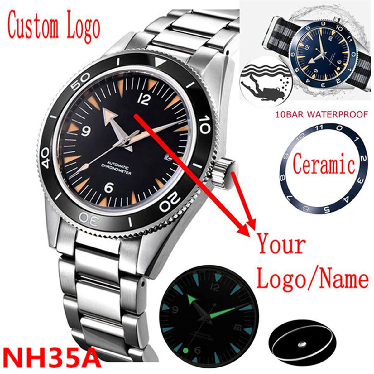 Watch Bezel Insert - Custom Logo NH35 Movement Watch 10bars